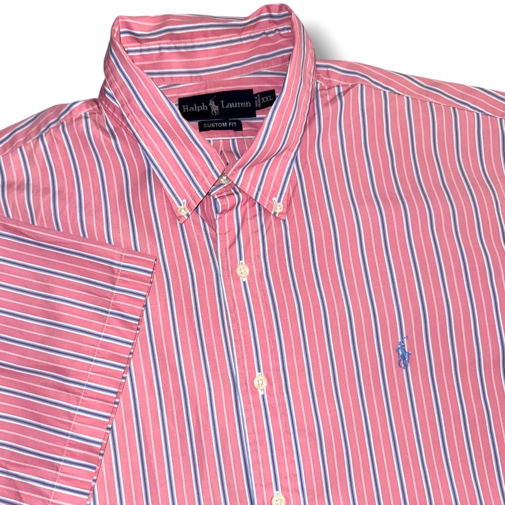 Ralph Lauren Button Down Shirt Mens XXL Pink Striped Custom Fit Short Sleeve